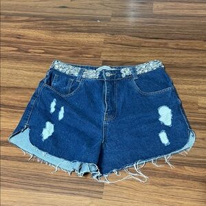 Unique Roudh handmade Embellished Blue distressed Denim Shorts size 4